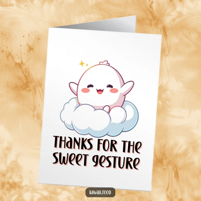 Funny free printable thank you card featuring a happy mochi character bouncing enthusiastically on a fluffy cloud.