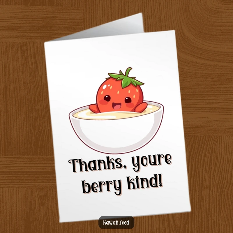 Funny Free Printable Thank You Card: A happy strawberry character comically attempting to swim in cream, saying thanks.