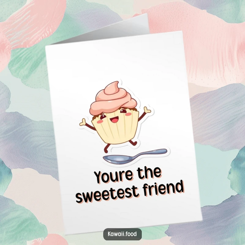 Funny Free Printable Thank You Card: A cheerful cupcake character executing a joyful leap over a tiny spoon, appreciating kindness.