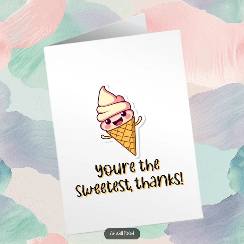 Funny Free Printable Thank You Card: A happy ice cream cone character spinning with joy and sprinkles.
