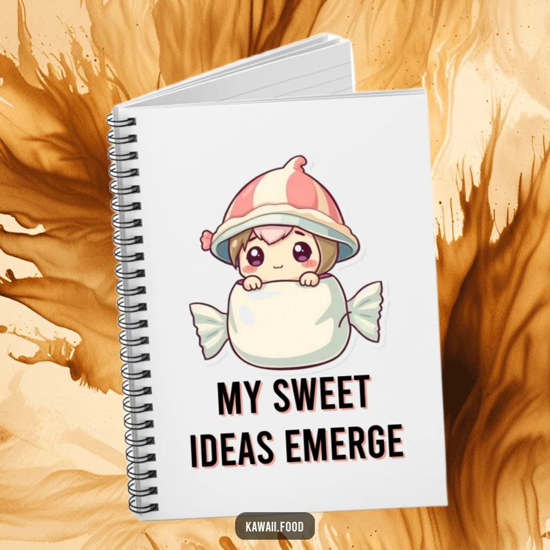 Funny notebook featuring a curious candy character wearing a wrapper hat, popping out of a larger wrapper.