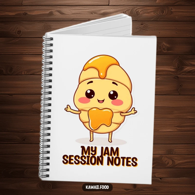 Funny notebook featuring a smiling croissant character with small arms, enthusiastically spreading jam on a blank page.