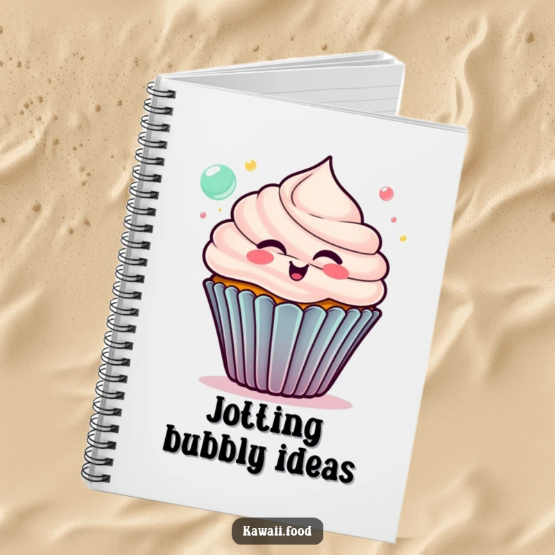 Funny cupcake notebook, delighted character blowing colorful bubbles, perfect for jotting down cheerful and humorous notes.