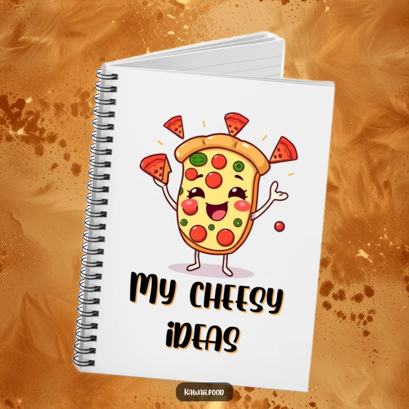 Funny notebook cover with a joyful pizza character juggling pepperoni slices, inspiring creativity and humor for all your writing needs.