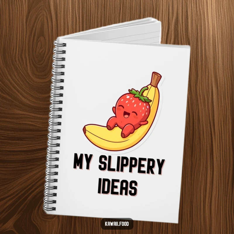 Funny notebook cover with a smiling strawberry character gleefully sliding down a banana peel, ready for your notes.