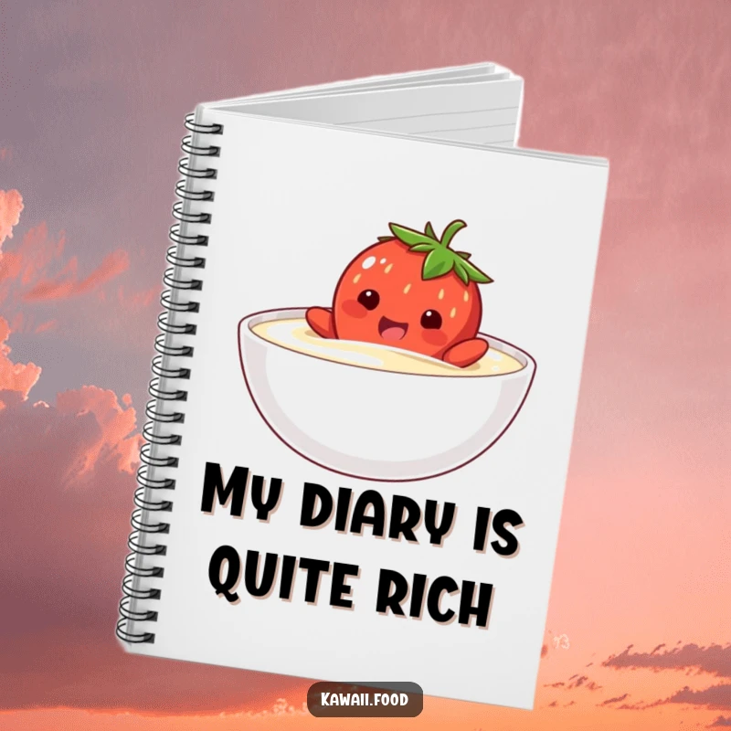 Funny notebook with a happy strawberry character comically attempting to swim in a bowl of cream, ideal for sweet notes.