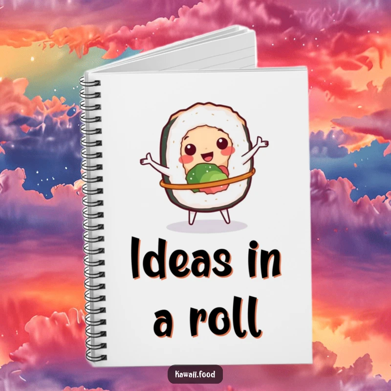 Funny notebook cover with a cheerful sushi roll character spinning a tiny hula hoop, ready for your notes.