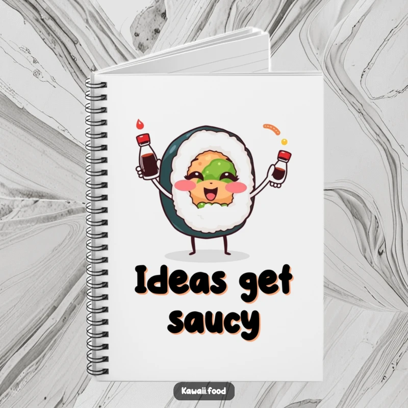 Smiling sushi roll character playfully juggling soy sauce bottles, perfect for jotting down delicious ideas in this humorous notebook.