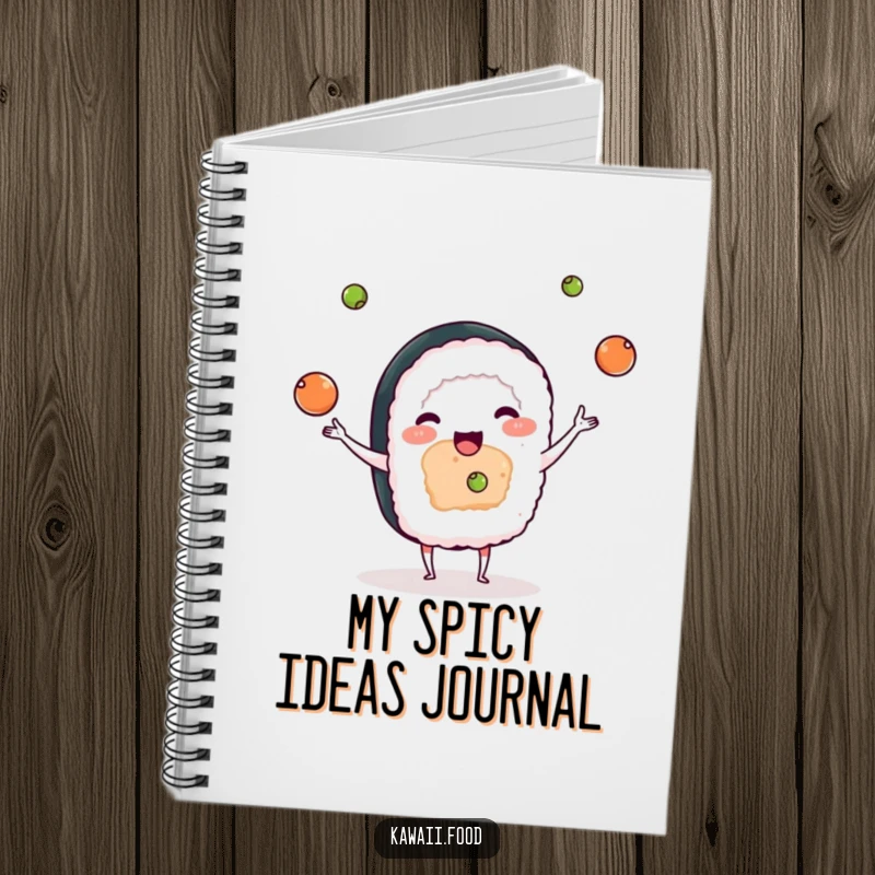 Funny notebook cover with a playful sushi character juggling tiny wasabi balls, a humorous prompt for writing.