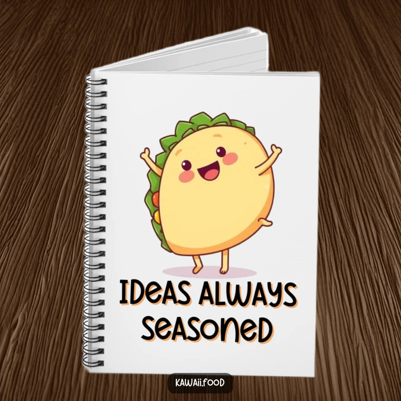 Funny notebook with a happy taco with legs doing a cartwheel, ideal for jotting down fun ideas.