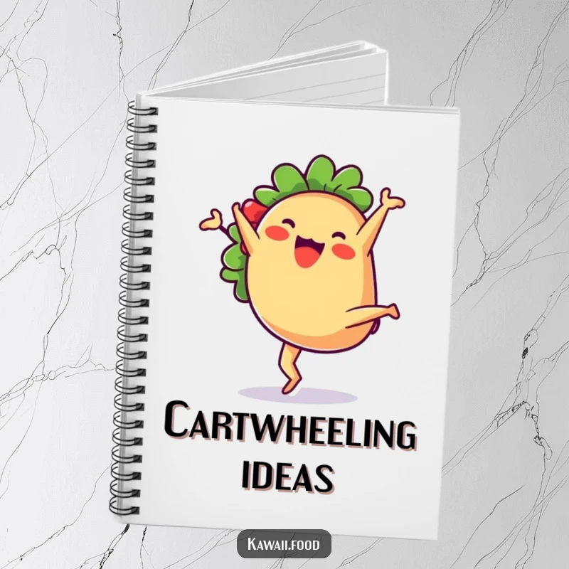 Cute anthropomorphic taco character doing a joyful cartwheel, perfect for jotting down tasty ideas in this humorous notebook.