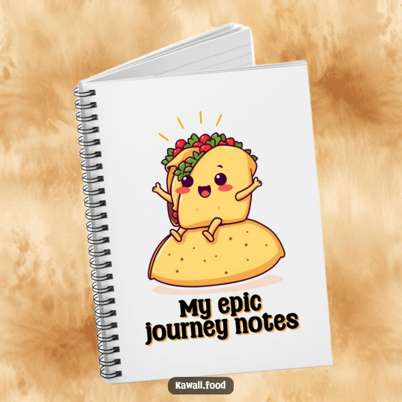 Funny notebook with a taco with legs riding a giant tortilla, perfect for jotting down funny thoughts and ideas.