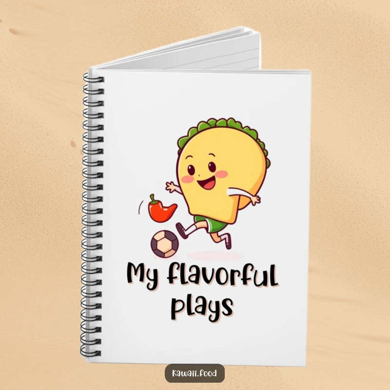 Funny notebook cover with a smiling taco character gleefully kicking a tiny chili pepper soccer ball, ready to capture winning ideas.