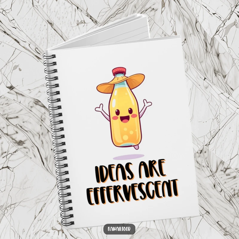 Funny soda bottle character in a straw hat, mid-celebratory jump, featured on the cover of a lined notebook.