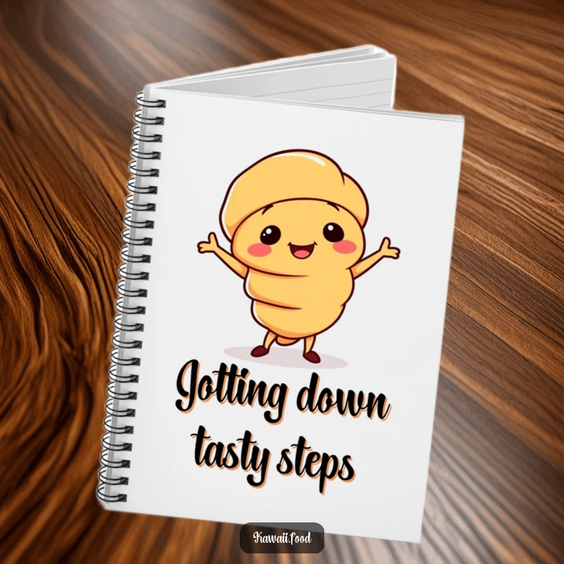 Funny notebook with a smiling croissant character doing a silly little jig, ideal for culinary notes and doodles.
