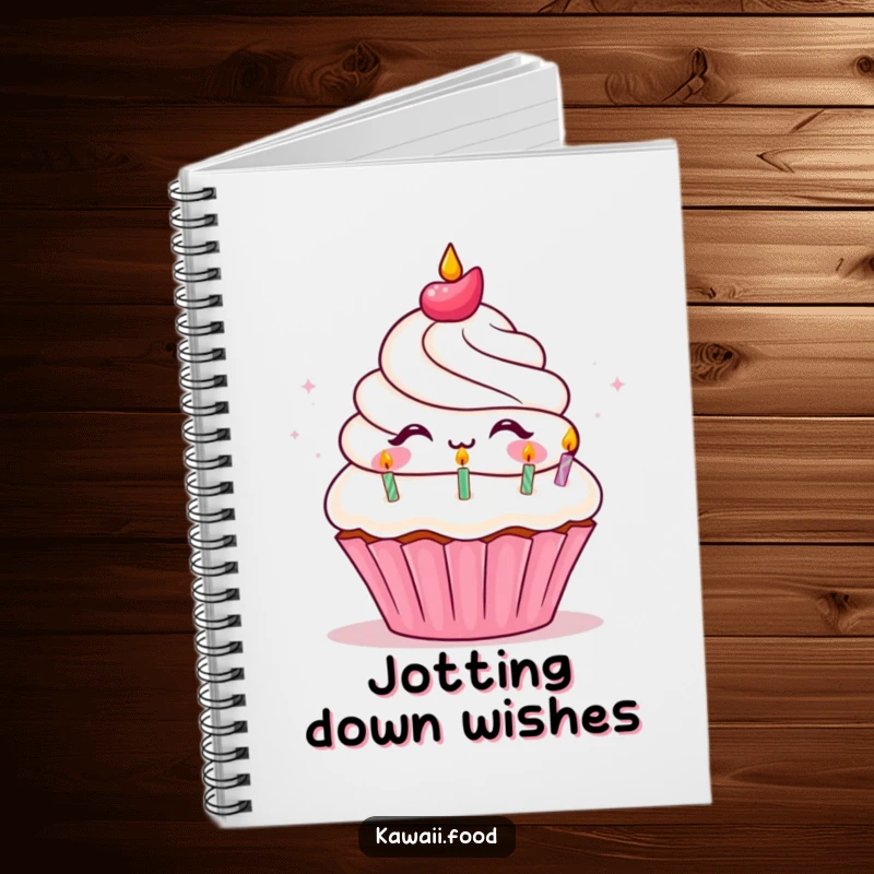 Funny Notebook cover showing a joyful cupcake character blowing out small birthday candles, encouraging creativity and happy thoughts.