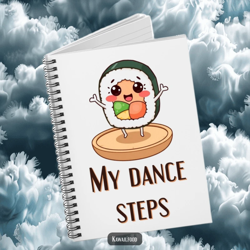 Funny sushi roll character with happy eyes dancing on a small wooden plate, featured on this notebook for a touch of humor.