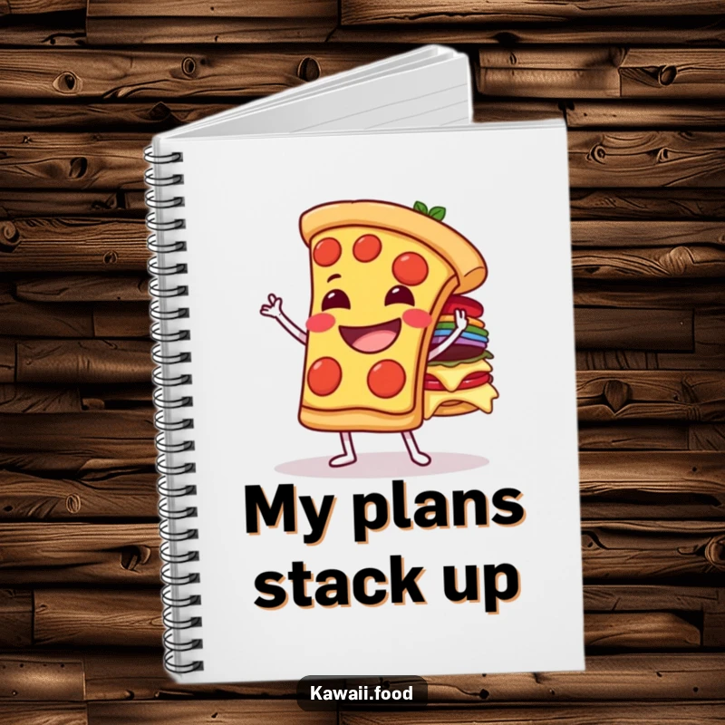 Funny grinning pizza slice character balancing toppings on a notebook cover, inspiring energetic thoughts and balanced writing.