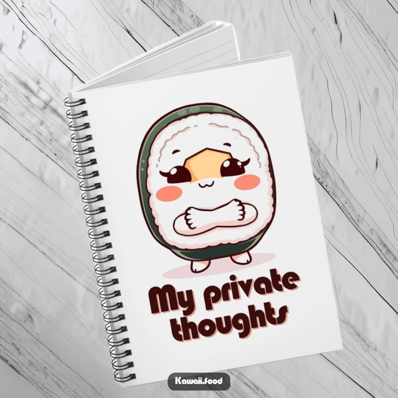 Funny notebook with a sushi roll character with crossed arms, making a ‘shoo’ gesture, designed for jotting down notes with attitude.