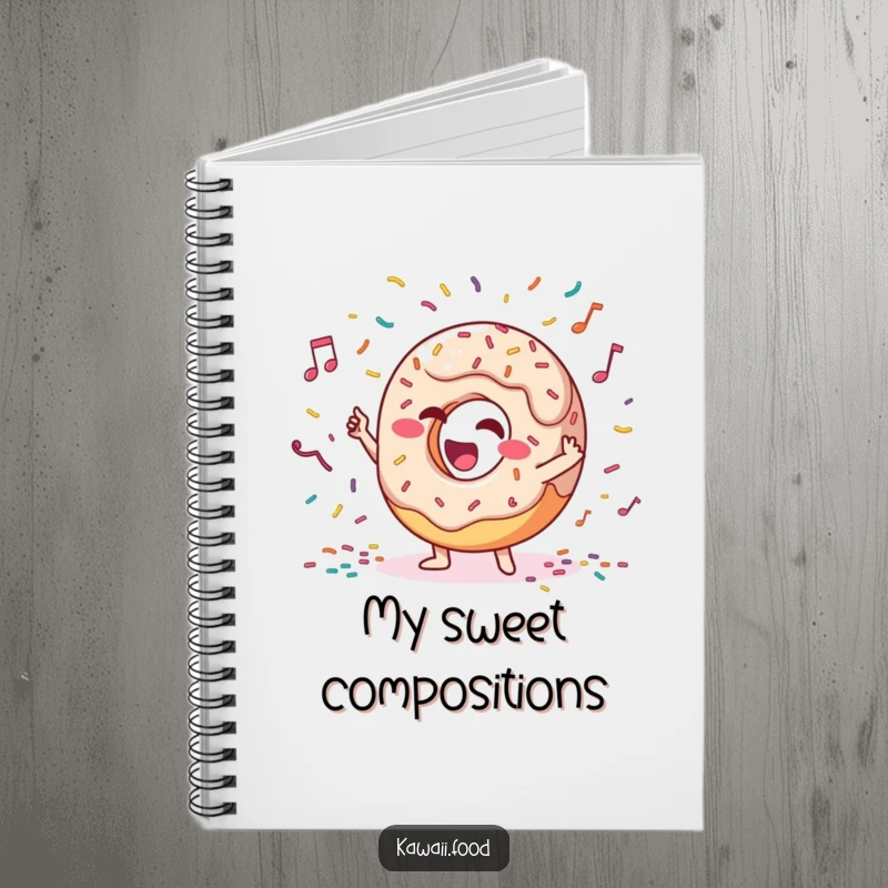 Funny notebook with a giggling donut character conducting an orchestra of sprinkles, perfect for jotting down music notes or grocery lists.