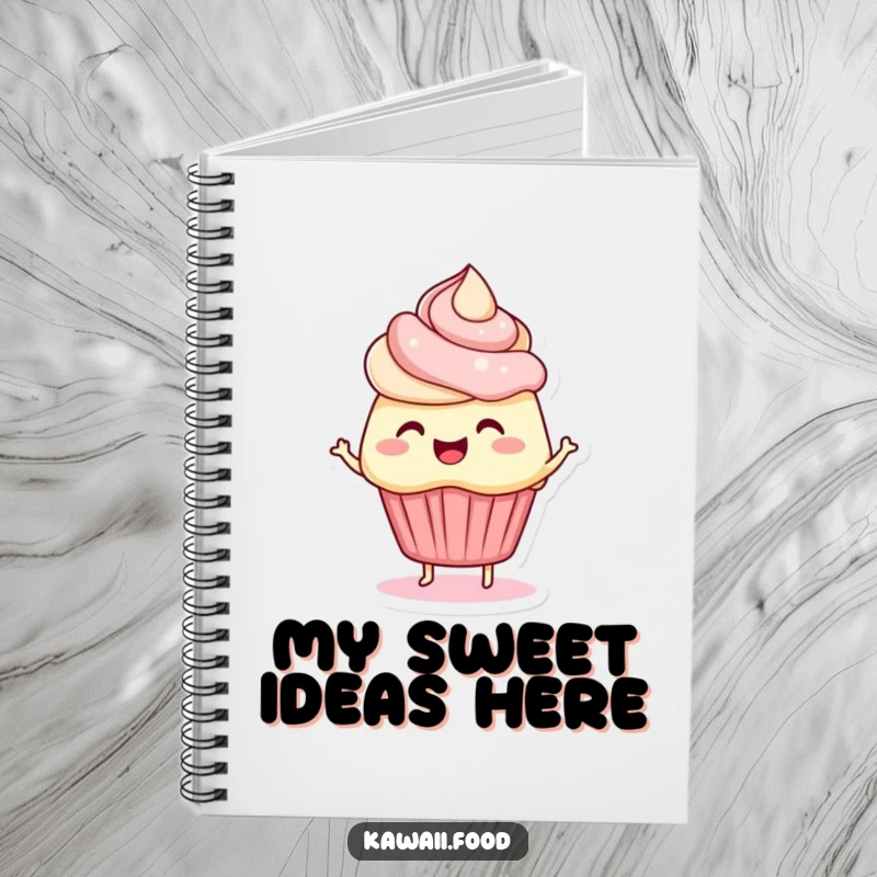 Funny notebook with a 'bouncing cupcake' character, its frosting hair wiggling energetically. Ideal for capturing creative thoughts with joy.