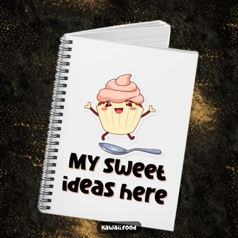 Funny cheerful cupcake with legs leaping over a tiny spoon on a notebook cover, ideal for capturing sweet thoughts and humor.