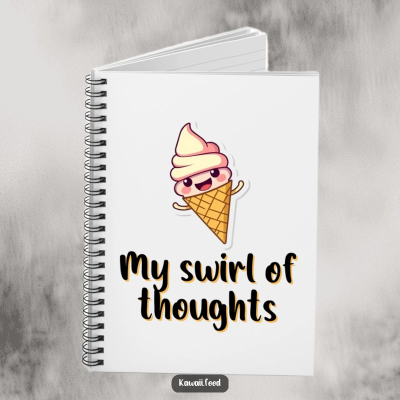 Funny notebook featuring a cheerful ice cream cone character joyfully spinning. Ideal for capturing sweet thoughts and ideas.