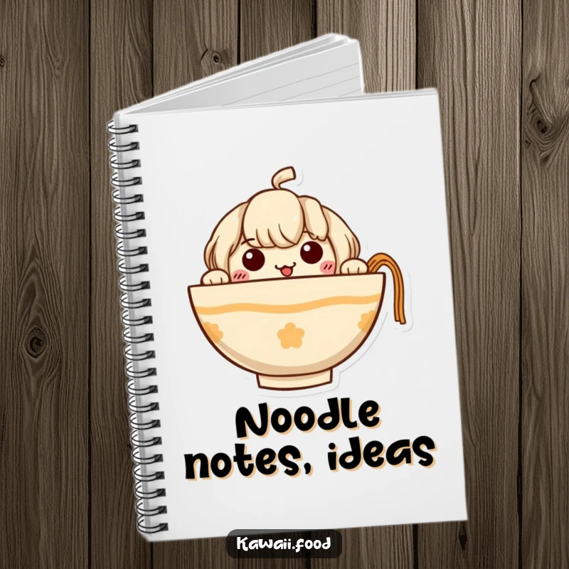 Funny Ramen Notebook with a curious ramen bowl character peeking out, showcasing its tiny noodle arms, ideal for daily writing.