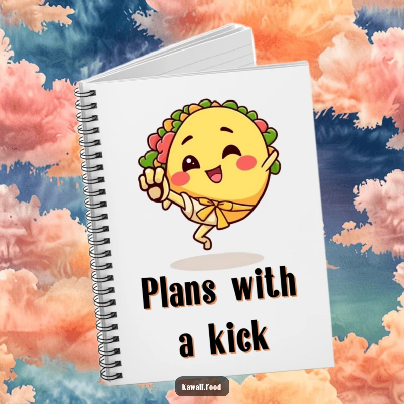Funny notebook cover with a happy taco character performing an energetic karate kick, ready for your notes.