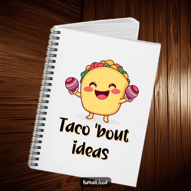 Funny smiling taco character enthusiastically shaking tiny maracas on a notebook cover, inspiring energetic thoughts and festive writing.