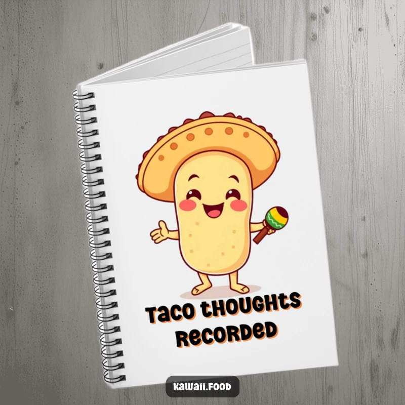 Funny notebook with a smiling taco character in a sombrero, dancing with maracas, designed for jotting down party plans and inspired thoughts.
