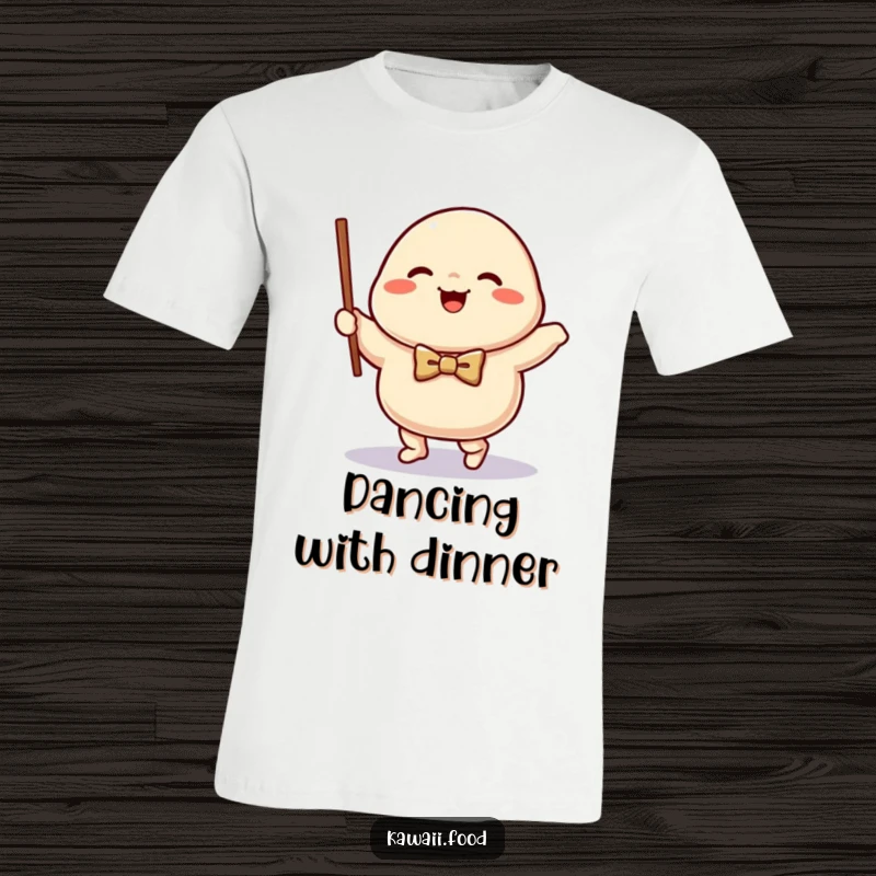 Funny happy dumpling character in a bow tie excitedly waltzing with a chopstick on this whimsical and humorous t-shirt.