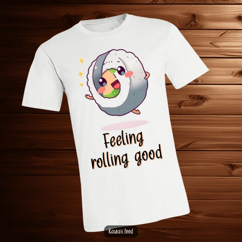 Funny sushi roll character performing a cartwheel with sparkling eyes on a t-shirt, depicting energetic and joyful movement.