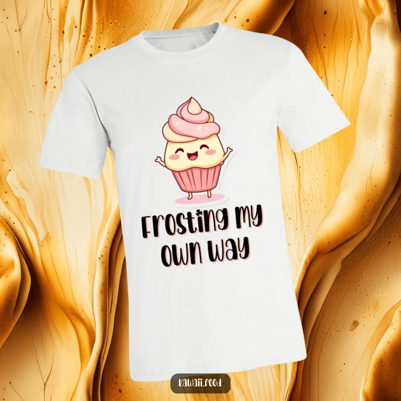 Funny t-shirt showcasing a 'bouncing cupcake' character with vibrant frosting hair, wiggling with pure delight. A celebration of sweet fun.