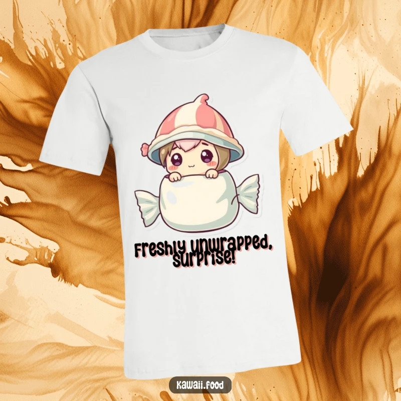 Funny t-shirt showing a curious candy character in a wrapper hat, emerging from a larger wrapper with excitement.