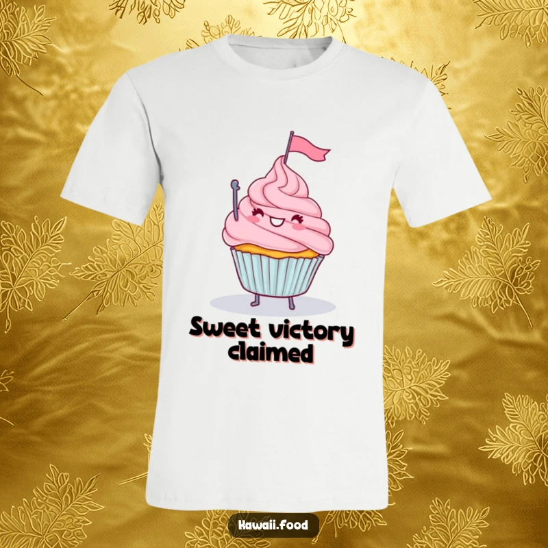 Funny t-shirt illustrating a happy cupcake with legs joyfully waving a small flag from atop a smooth frosting mountain, a sweet celebration.