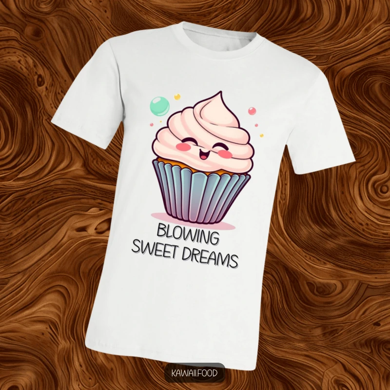Funny cupcake t-shirt, delighted character blowing colorful bubbles, a joyful and whimsical design for a lighthearted apparel choice.