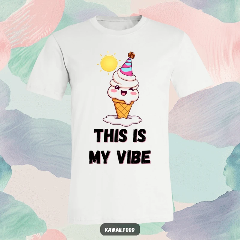 Funny ice cream cone character wearing a party hat, dripping and melting happily in the sun. A humorous t-shirt for funny gift seekers.