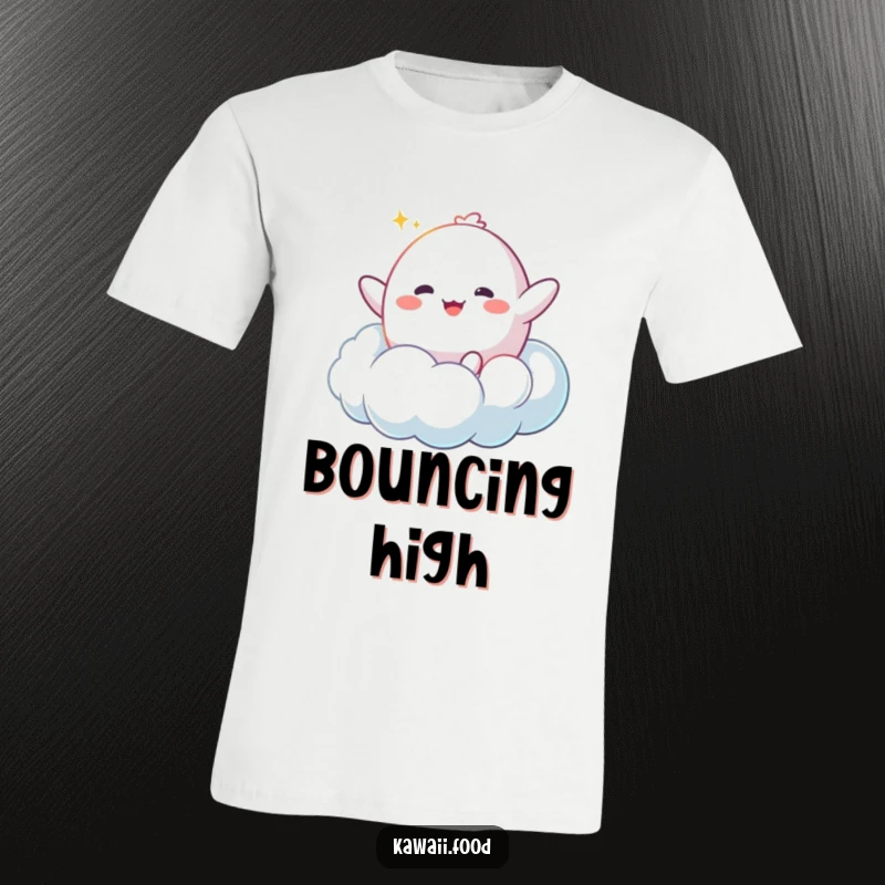 Funny Mochi Cloud T-Shirt: A happy mochi character bouncing enthusiastically on a fluffy cloud, perfect for expressing joyful vibes.