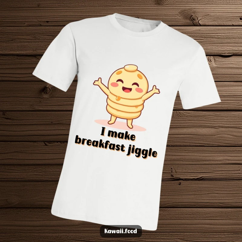 Funny pancake stack t-shirt in a silly wobble dance pose, a giggling character bringing breakfast joy, ideal funny gift.