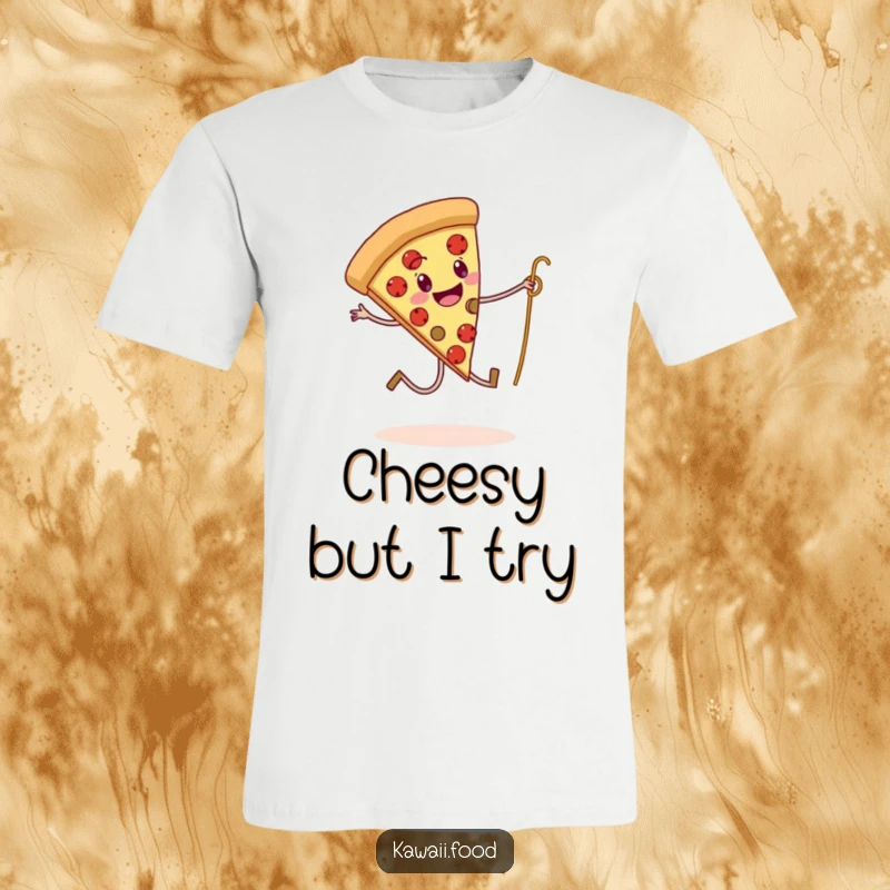 Funny t-shirt illustrating a pizza slice with legs attempting to skip rope with a spaghetti strand, capturing a moment of food-related play.