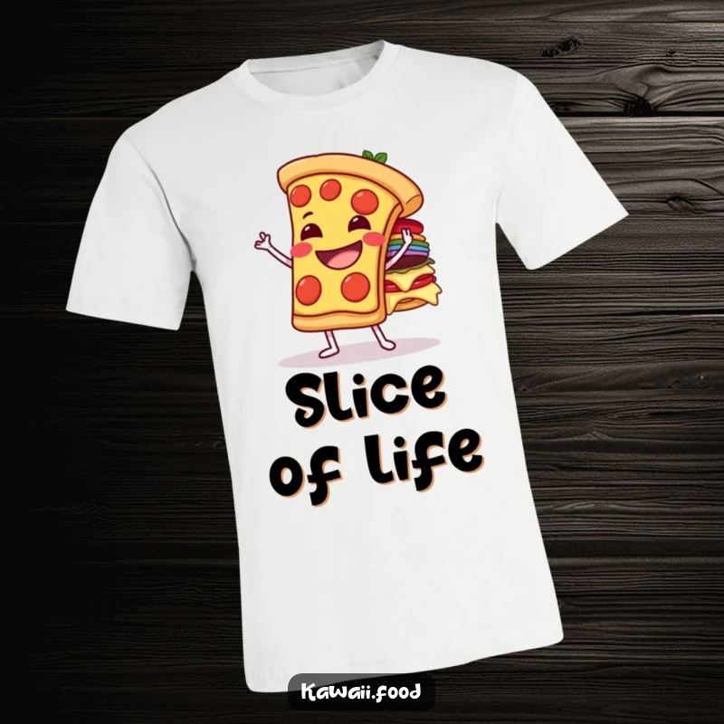 Funny grinning pizza slice character balancing toppings on a t-shirt, depicting a humorous and precarious juggling act.