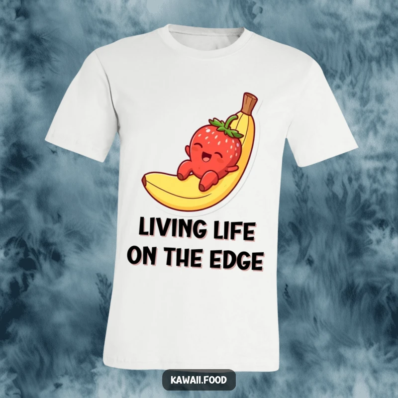 Funny t-shirt depicting a smiling strawberry character joyfully sliding down a bright banana peel, full of fruity mischief.
