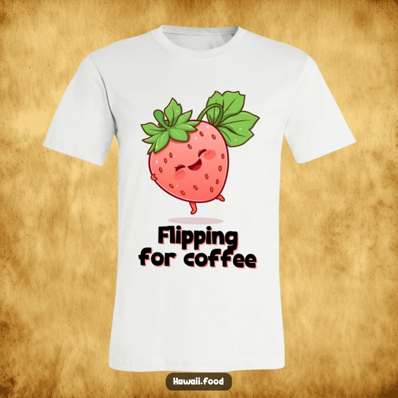 Funny Strawberry T-Shirt featuring a giggling strawberry character doing a cartwheel with its leaf stem, a dynamic and amusing graphic.