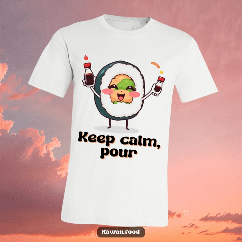 Smiling sushi roll character playfully juggling tiny soy sauce bottles, depicting a scene of charming culinary skill and humor.