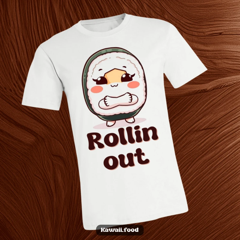 Funny t-shirt with a sushi roll character standing firm, arms crossed, and playfully shooing others away, conveying a bold attitude.