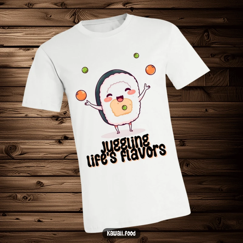 Funny t-shirt graphic of a charming sushi character juggling tiny wasabi balls, a humorous and delightful food-themed design.