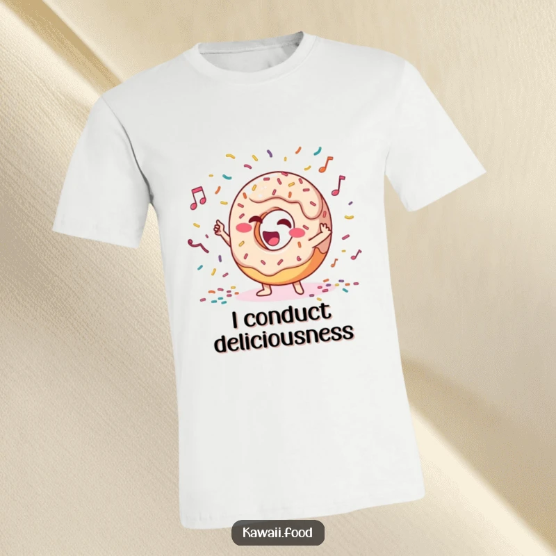 Funny t-shirt featuring a giggling donut character joyfully conducting a lively orchestra composed entirely of colorful sprinkles.