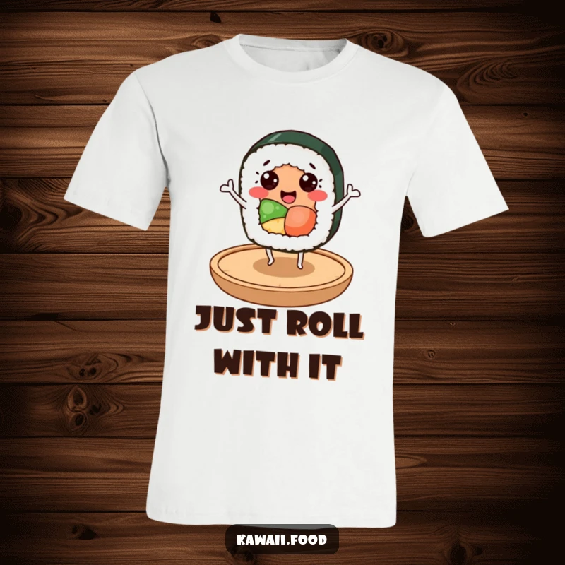 Funny sushi roll character with happy eyes mid-dance on a small wooden plate, celebrating food and fun on this humorous t-shirt.