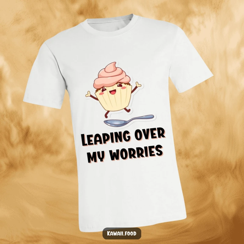 Funny cheerful cupcake with legs enthusiastically leaping over a tiny spoon on a t-shirt, a design celebrating joy and sweetness.